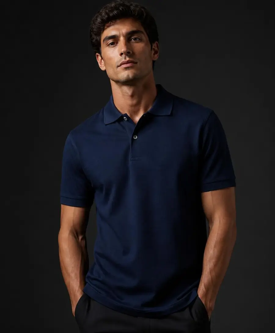 Modelo vestindo camisa polo piquet azul marinho